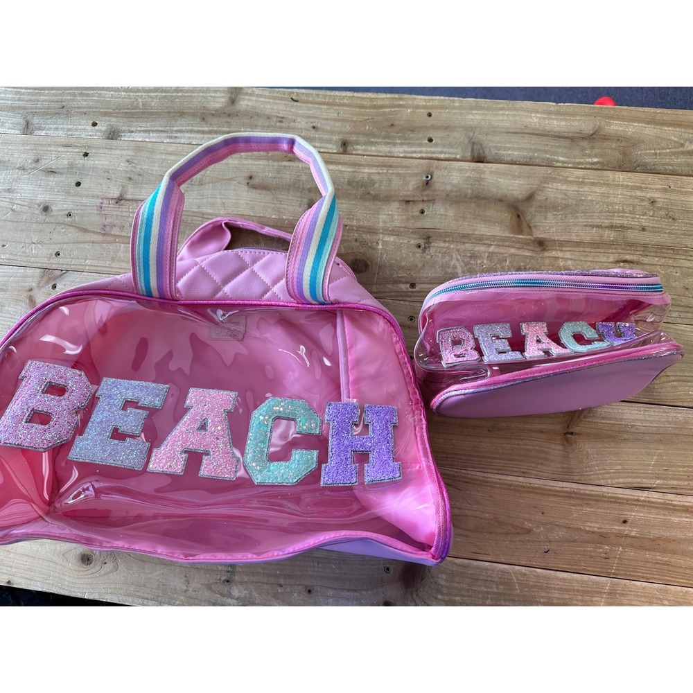 Miss Gwen OMG Accessories Pink Beach Bag and Cosmetic‎ Pouch Set Glitter Letters